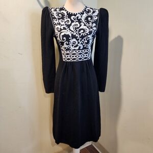 PAT SANDLER for Wellmore Vintage 80s Black Dress with White Embroidered Bodice